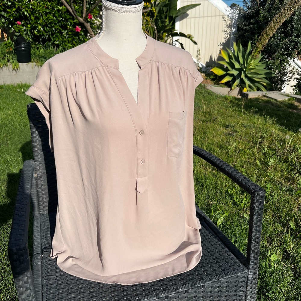 Pleione light tan Split V-Neck Short Sleeve Blouse